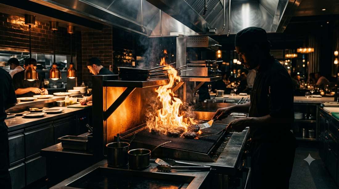 Open kitchen grill with flames
