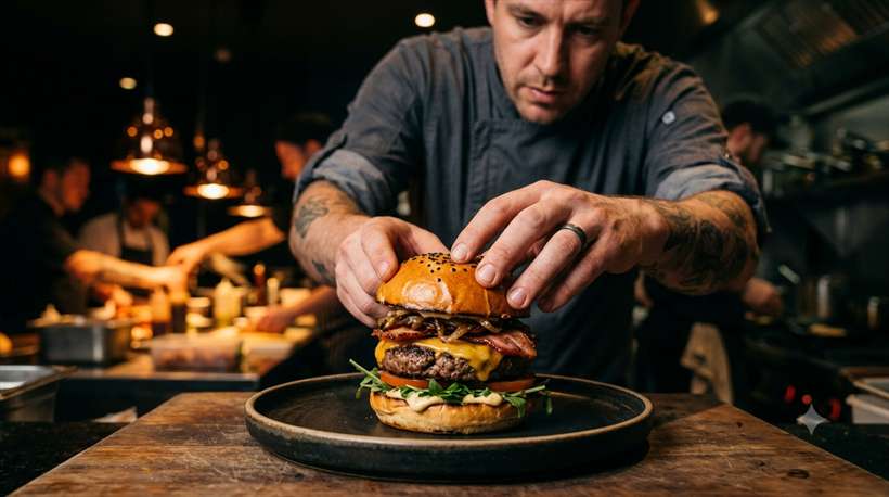Chef plating a burger