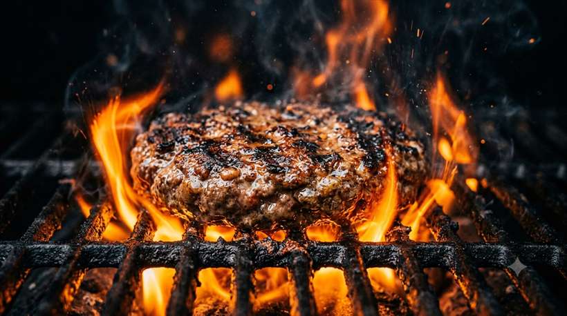 Burger patty searing over flame
