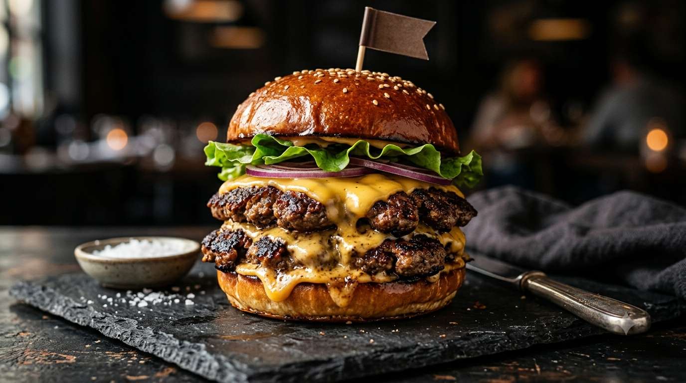 Charred smash burger in moody lighting
