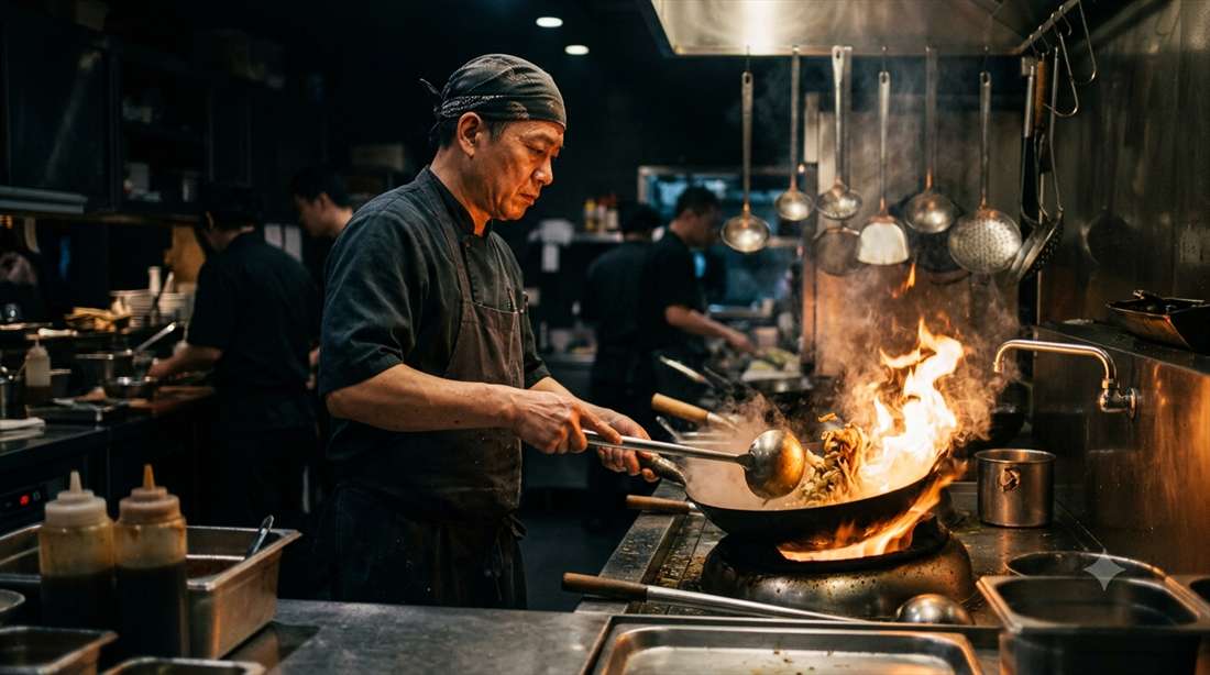 Chef cooking at a wok with flame