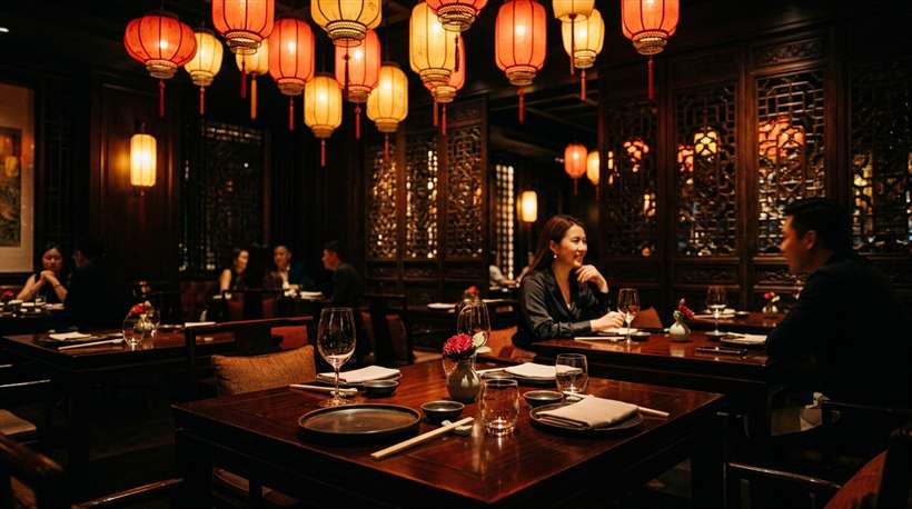 Chinese restaurant dining room with lanterns