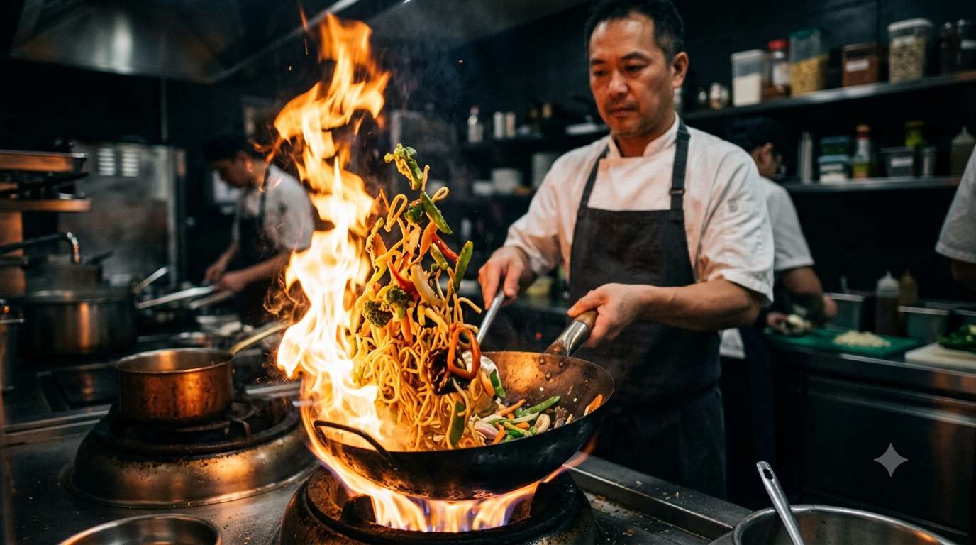 Wok flame and Chinese dishes in moody lighting