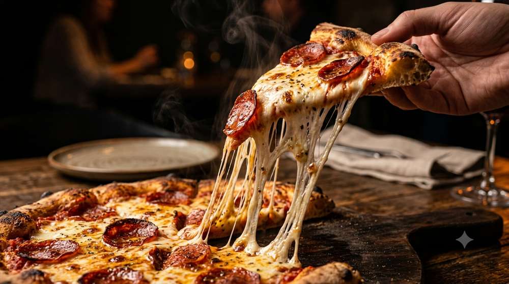 Pizza close-up with melted cheese