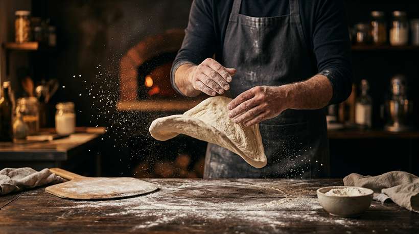 Pizza dough being stretched by hand