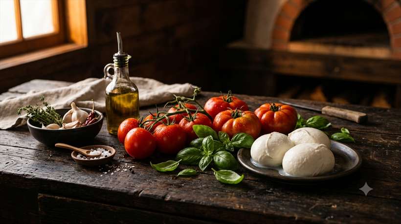 Fresh pizza ingredients on a counter