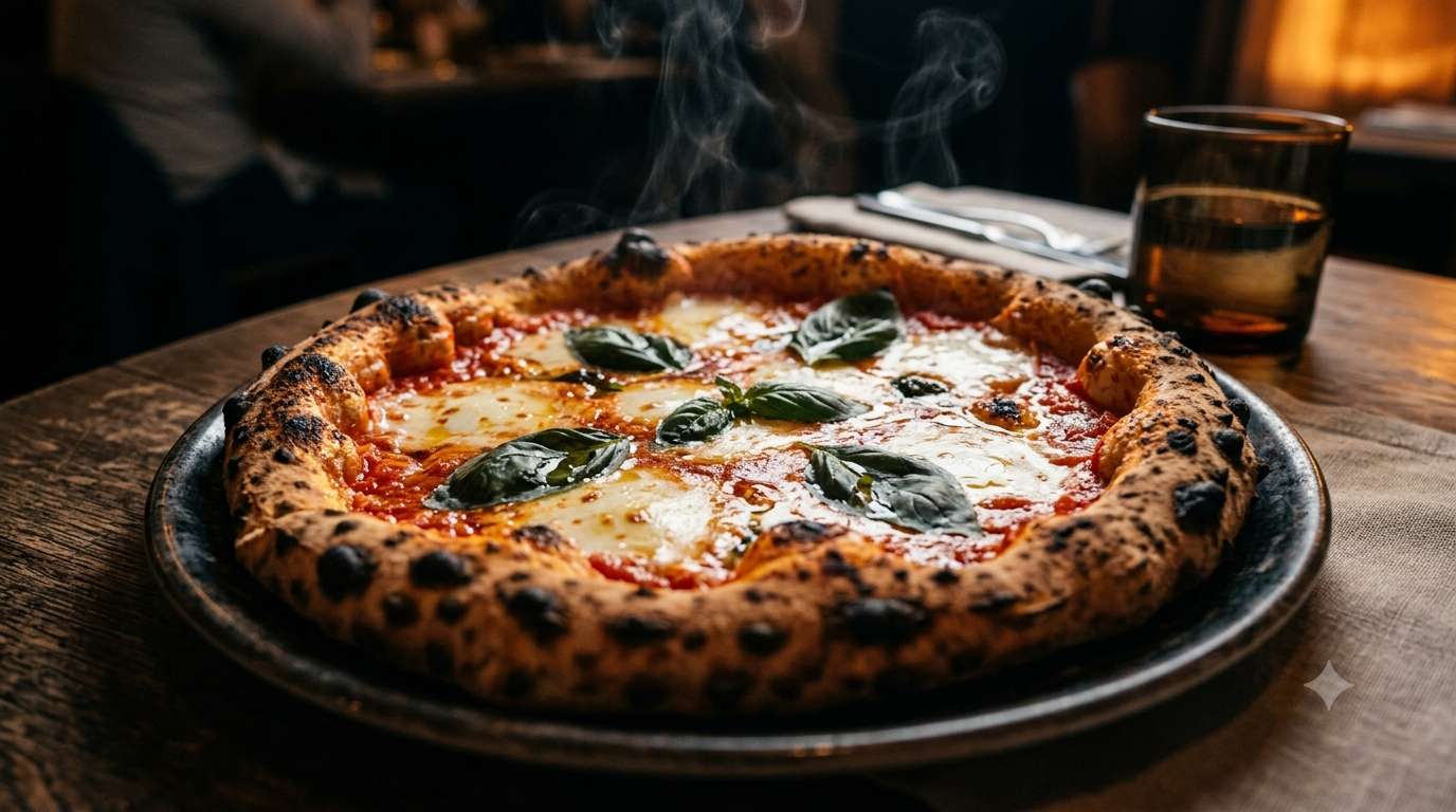 Coal-fired margherita pizza with dramatic lighting