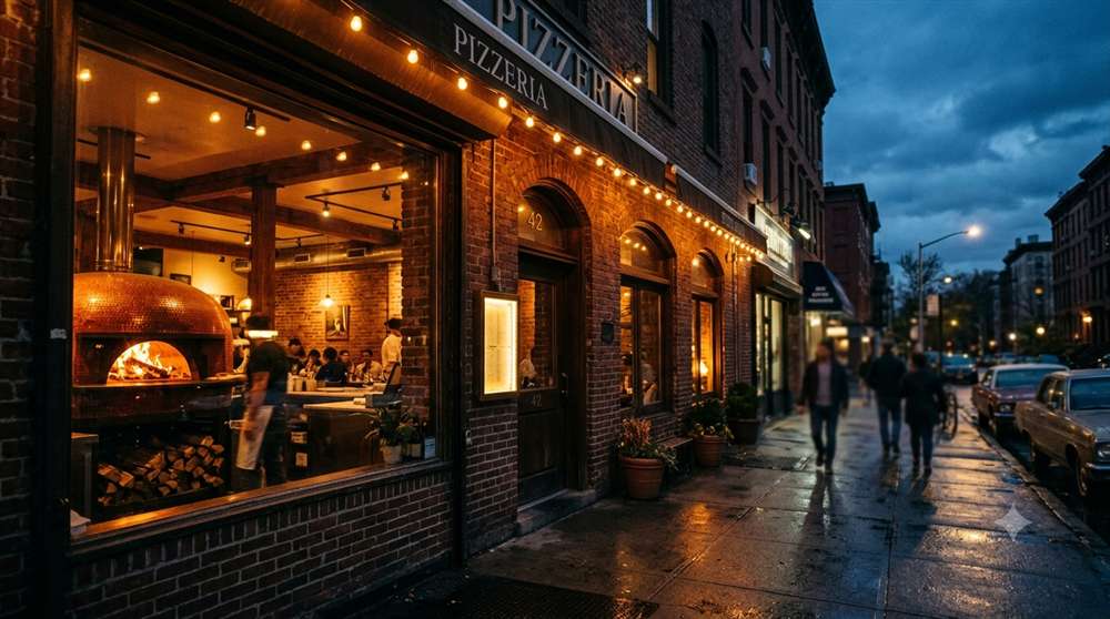 Forno Rosso storefront at dusk